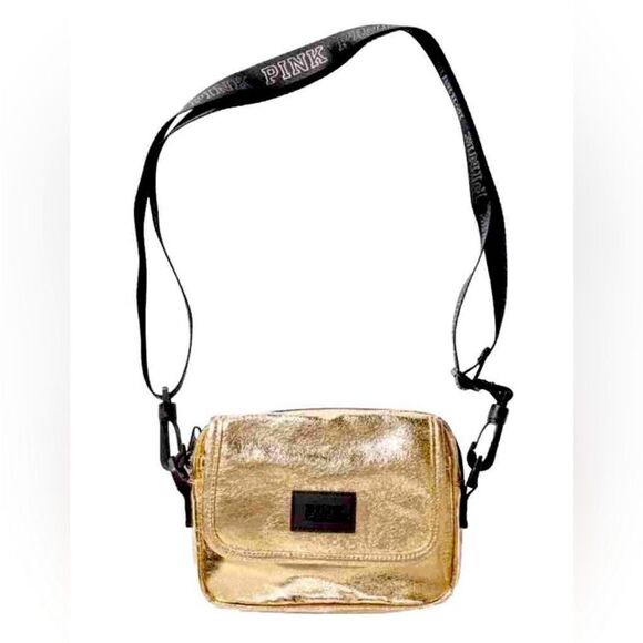 VICTORIAS SECRET PINK LOGO CROSSBODY BELT BAG FANNY PACK PURSE TOTE BAG GOLD NWT - Picture 1 of 7